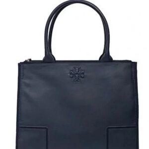 AUTH Tory Burch LG Ella Tote Leather & Canvas Black Pebbled Leather EXC